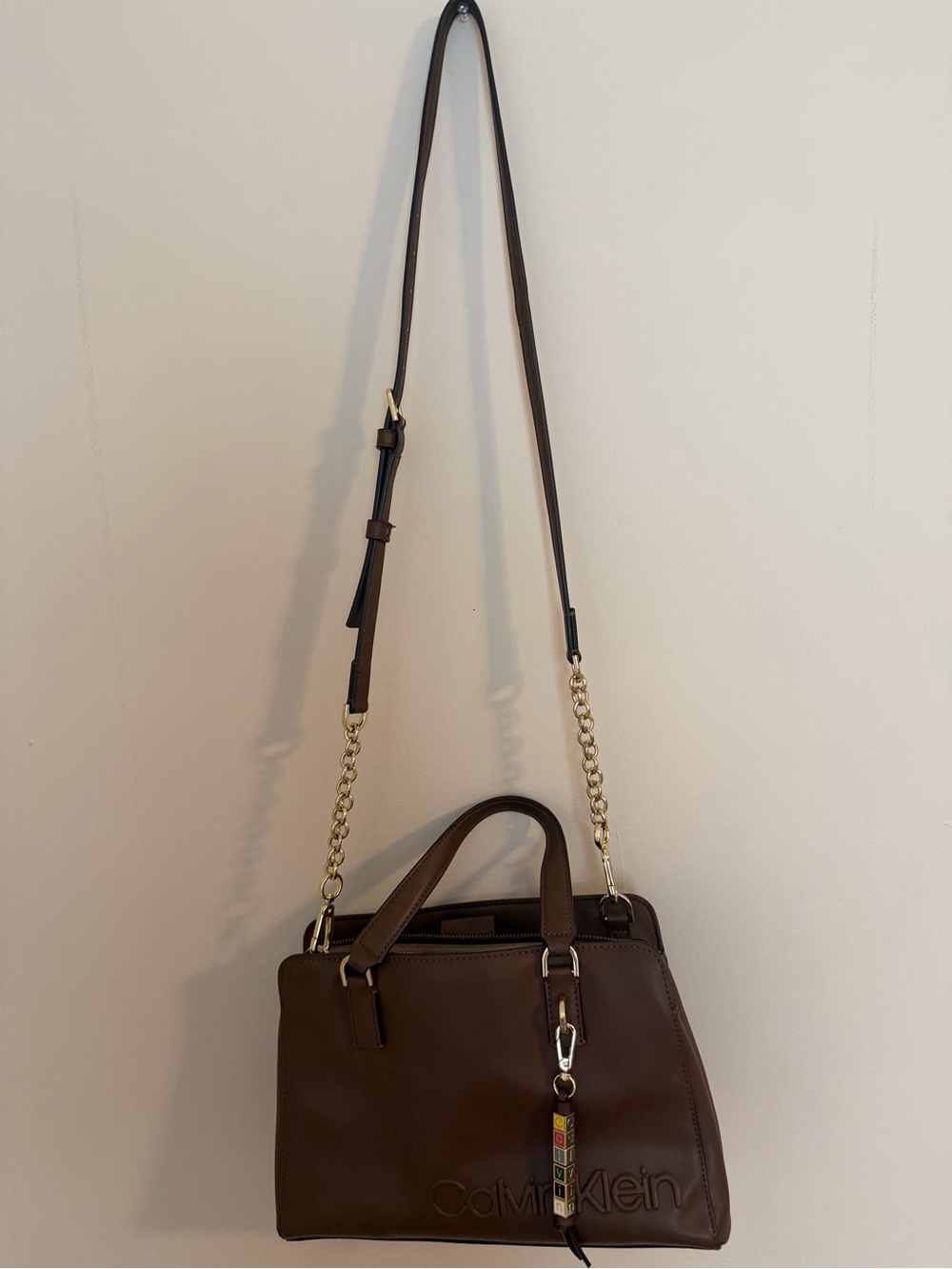 Calvin Klein Brown Leather Crossbody Tote with Gold Chain Strap